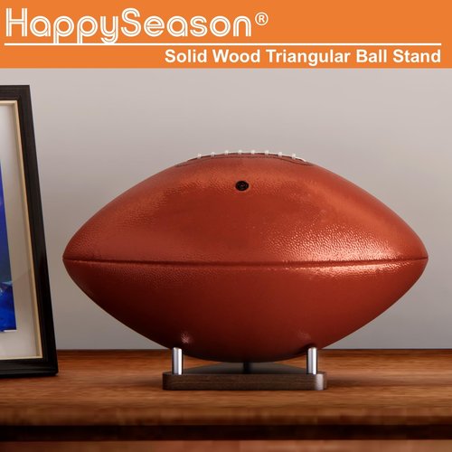 Happyseason 2-Pack Wood Football Stand, Basketball Stand with Stainless Steel Rods, Soccer Ball Holder, Volleyball Holder, Round-Edge Rack for Balls, Easy to Assemble (Brown)