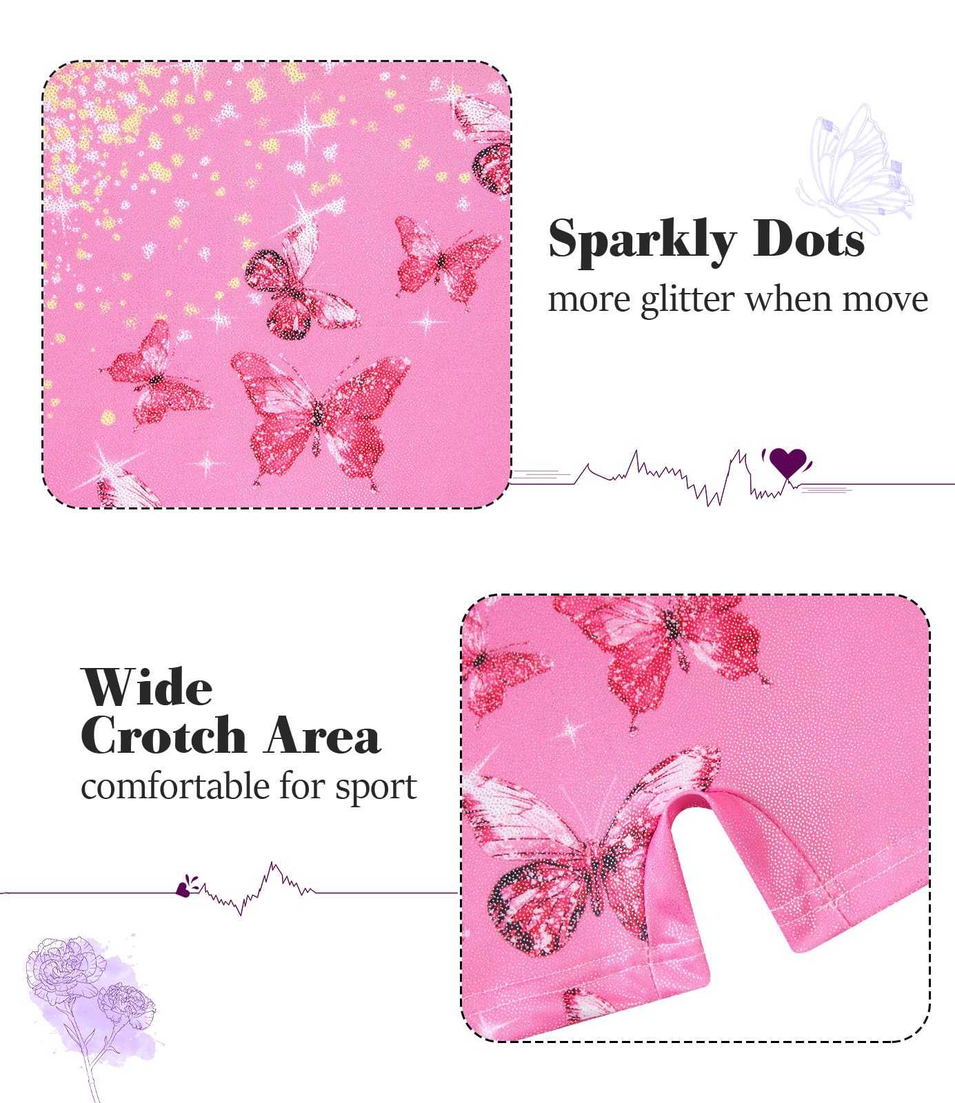 Vogseek 4-5T Girls Gymnastics Leotards with Hair Scrunchie Sparkle Dance Unitards Pink Butterfly's Active Biketards with Shorts for Kid Cute Tumbling Dance Outfit, Pink