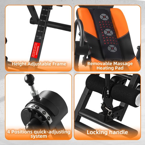 Teclor Advanced Heat and Massage Strength Training Inversion Table for Back Pain Relief,Heavy Duty Inversion Table 350 lbs Capacity with Wider and Thickened Backrest, Orange/Black
