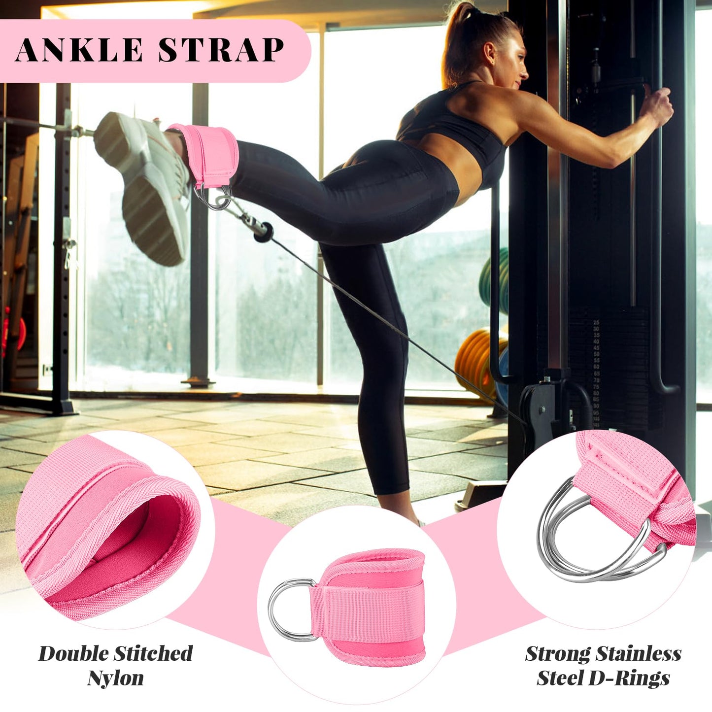 Roviutu Barbell Pad Set for Squat,Hip Thrusts, Leg Day,Olympic Bar Pad with 2 Gym Ankle Safety Straps, 2 Workout Gloves, Resistance Band, Carry Bag, Gym Accessories for Women (Pink Large Gloves