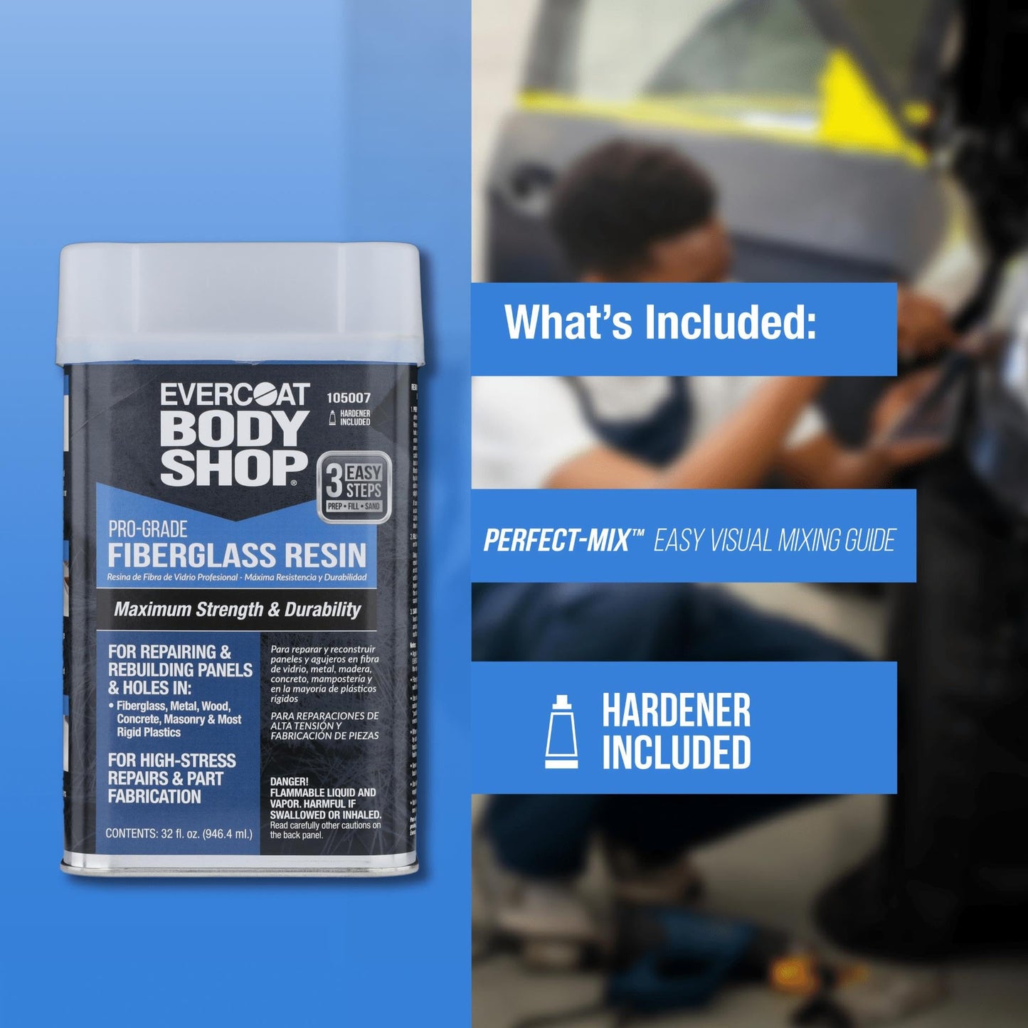 Evercoat Body Shop 105007 Pro-Grade Fiberglass Resin for Repairing and Rebuilding Panels & Holes in Fiberglass, Metal, Wood & More, Easy Mix Hardener Included 32 Fl Oz.