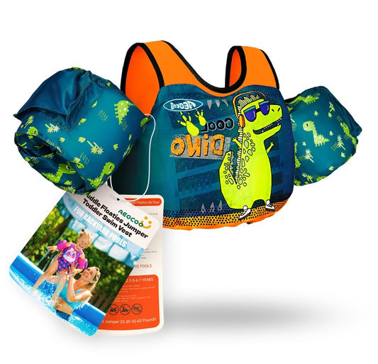 AEOCOO Puddle Float Jumper 30-50-60-70 Pounds, Toddler Swim Vest for 2-3-5-7 Years Old, Pool Floats with Swimming Arm Floaties Swim Jacket for Kids Swimmies, Boys, Girls, Niños, Cool-Dino