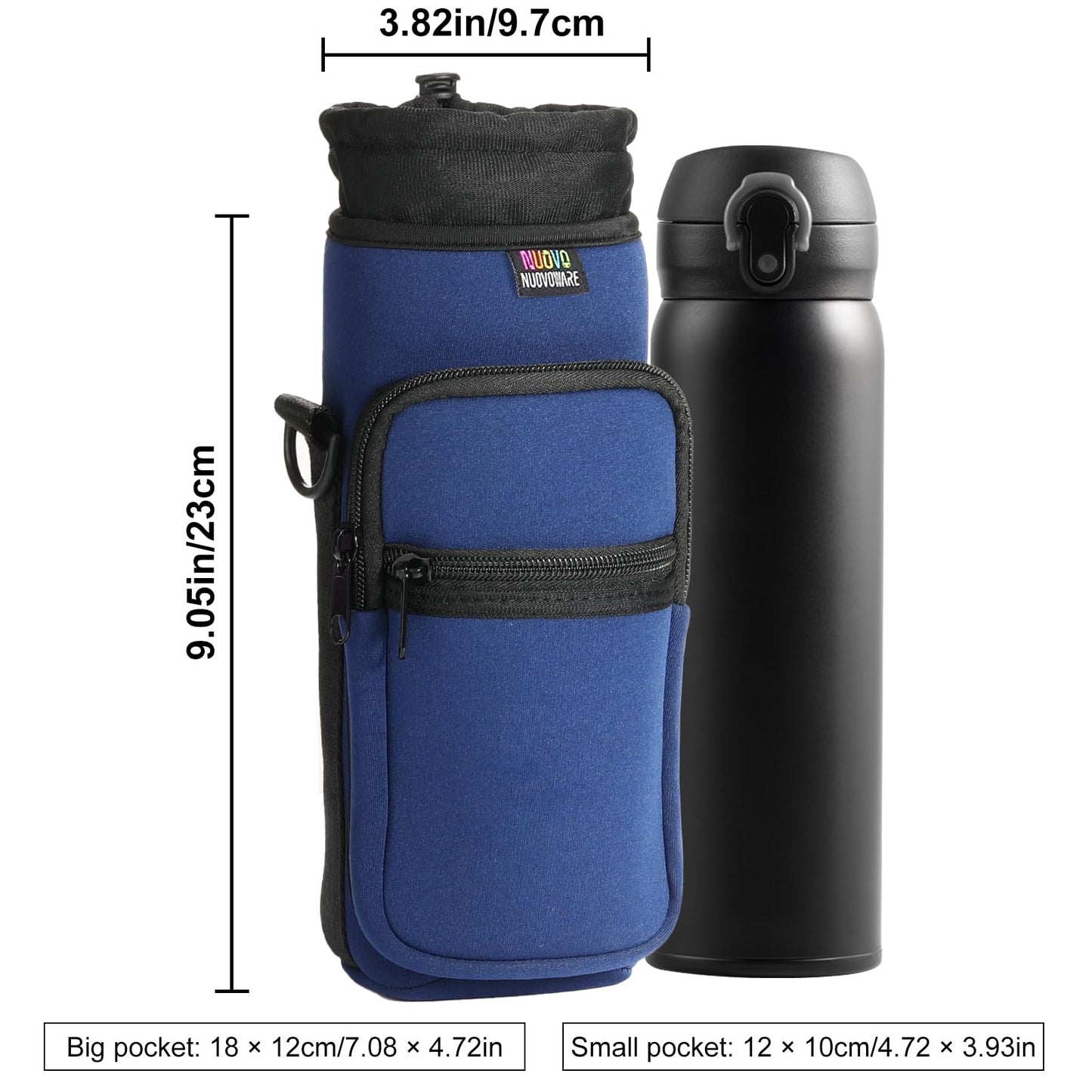 Nuovoware Water Bottle Carrier Bag, 74oz Bottle Pouch Holder, Adjustable Shoulder Hand Strap 2 Pocket Sling Neoprene Sleeve Sports Accessories for Hiking Travelling, Indigo