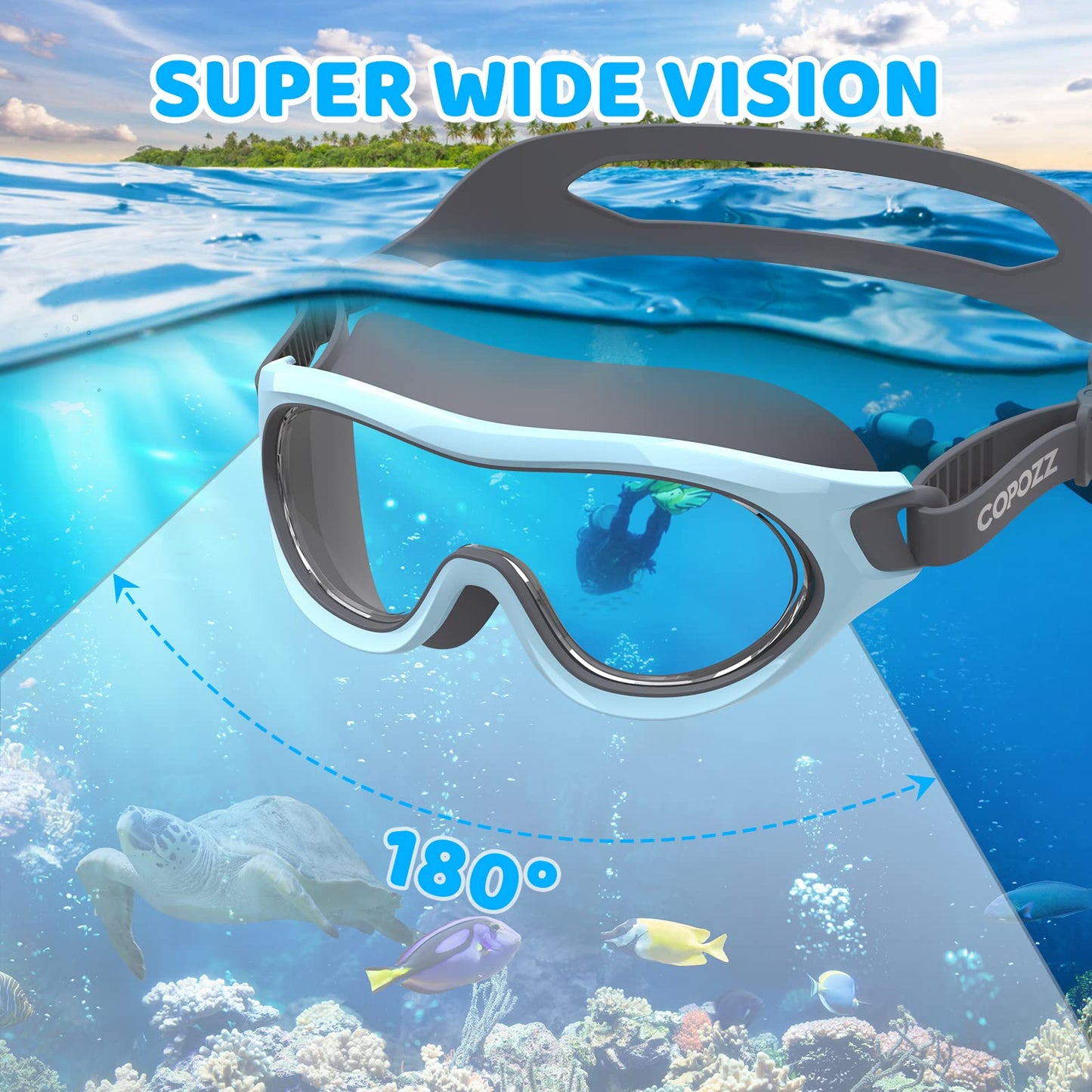 COPOZZ Kids Swim Goggles for 6-14, Wide View Swimming Goggles No Leak Anti Fog UV Protection Youth Swim Goggles