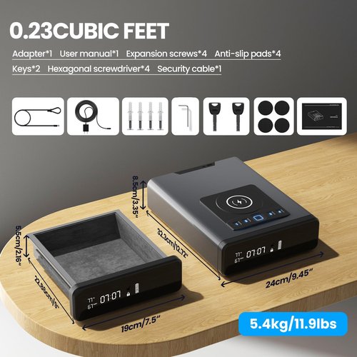 Biometric Gun Safe for Handgun, Smart Clock Safes with 2-in-1 Watch & Phone Wireless Charging, Bedside Pistol Safe with Backlit Keypad, Nightstand Handgun Safes with LED Light