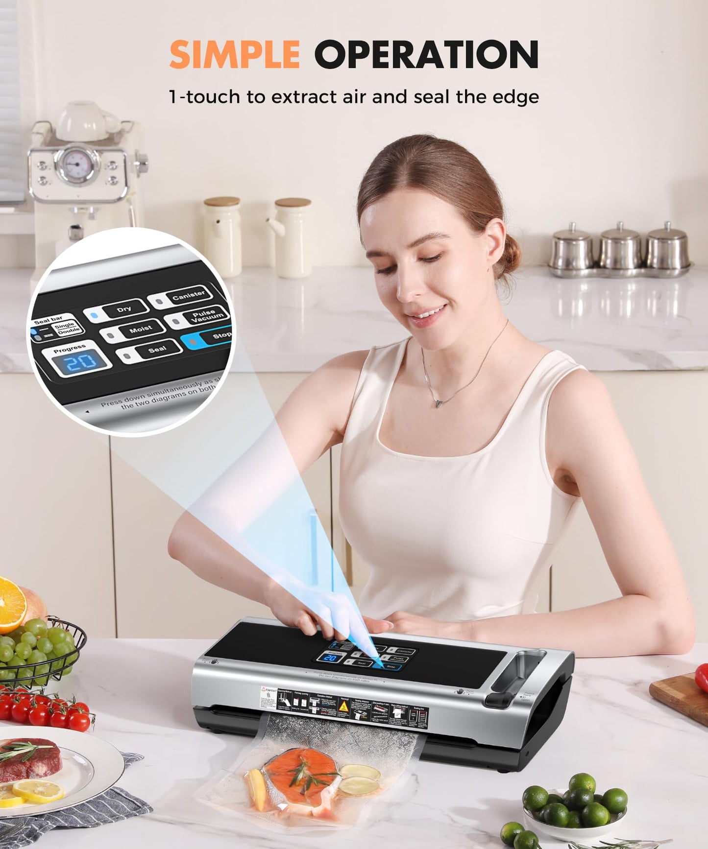 Food Vacuum Sealer Machine, 95KPa Powerful Food Saver with Dry/Moist/External Vacuum Modes, Built-in Cutter & Bag Storage, Single/Double Sealing, 1 Bag & 15 Pre-cut Bags（Silver）