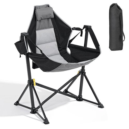 Dovov Hammock Camping Chair, Portable Folding Swinging Chairs with Headrest and Cup Holder, Outdoor Oversized Rocker Seat with Adjustable Back and Metal Frame for Camping, Patio, Garden, Black
