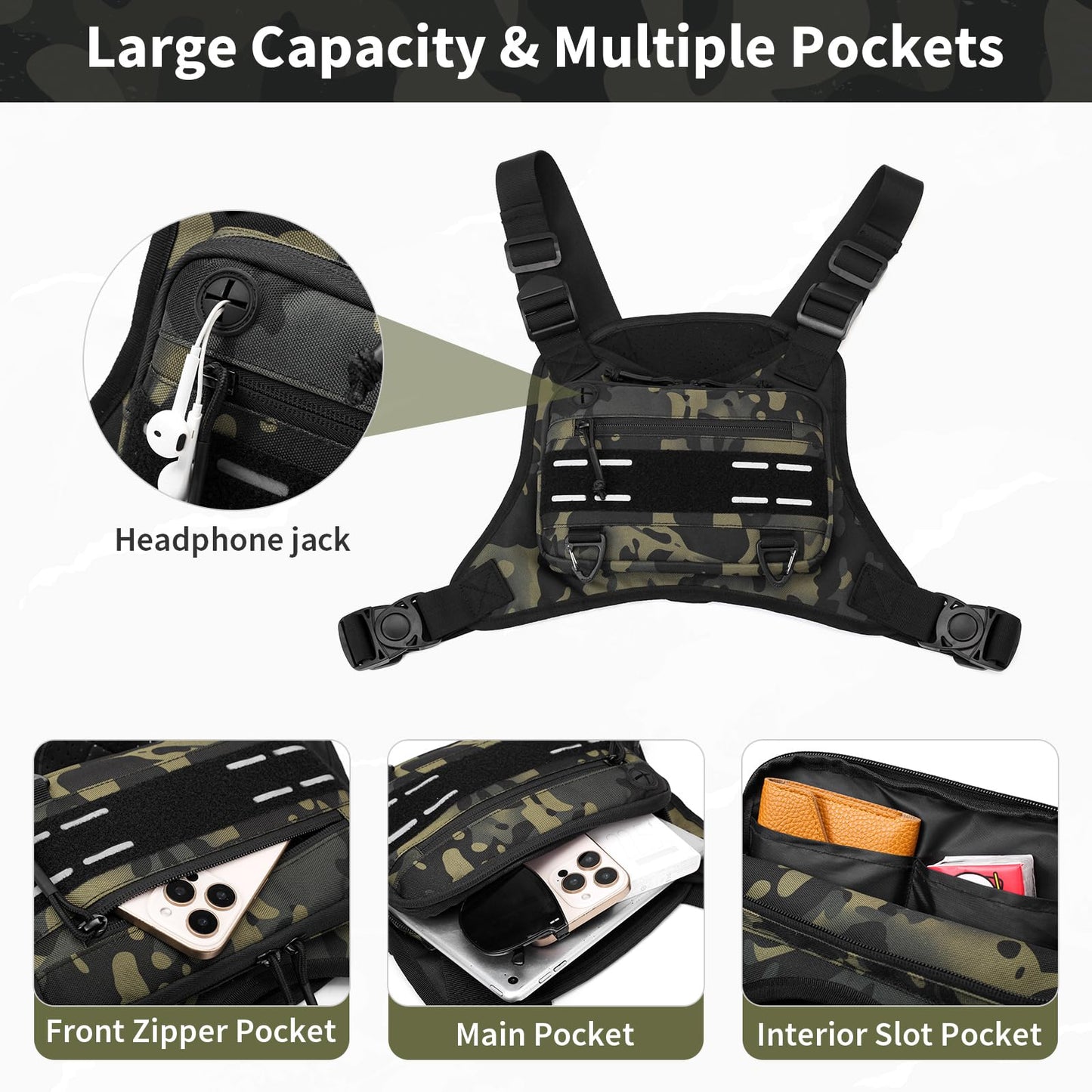 CamGo Tactical Outdoor Sports Chest Bag for Men, Molle EDC Vest Chest Pack for Sports Running Hiking Workout Black CP