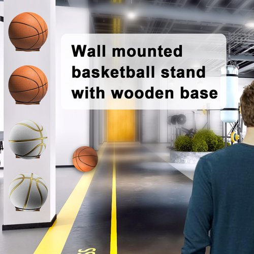 TJWZXX 4 Pcs Wood & Metal Wall Mount Basketball Holder, Ball Storage Holders Display Rack, for Basketball, Soccer, Volleyball, Football, Rugby, Boys Room Decor