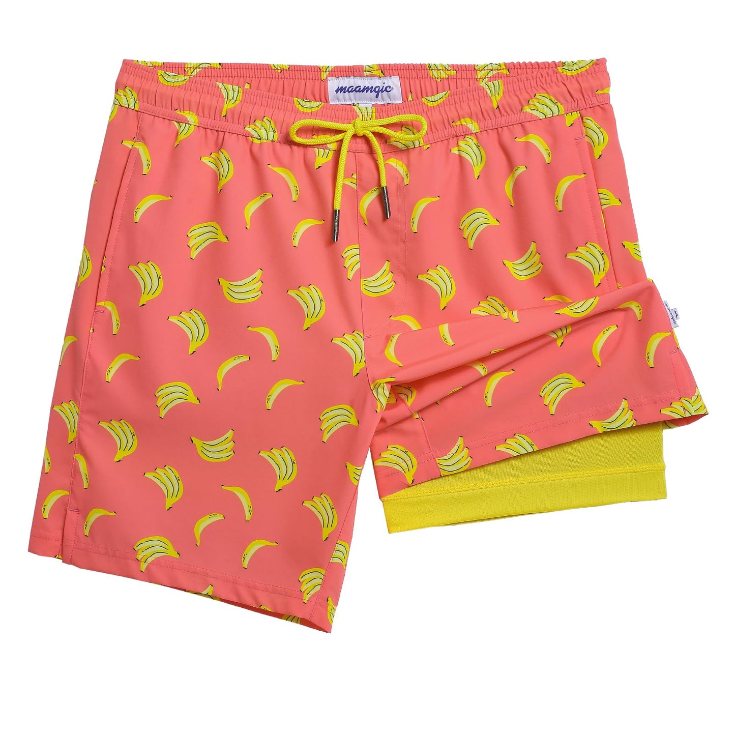 maamgic Mens Swim Trunks with Compression Liner 7 Inch Inseam Mens Bathing Suit Quick Dry Swimming Trunks Swimsuit Banana Orange Large