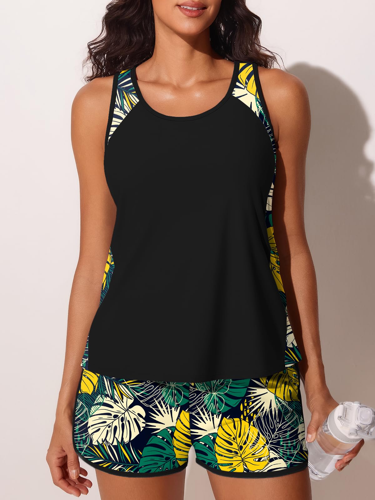 Summer Mae Blouson Tankini Swimsuits for Women 2026 Tummy Control Two Piece Bathing Suits with Sporty Pockets Swim Shorts Yellow Green Monstera Size 10