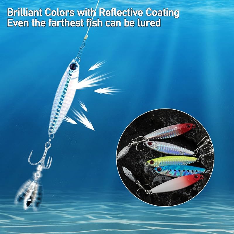 Dr.Fish 1oz Jigging Spoon - Saltwater/Freshwater Metal Lure with 360° Blade & Treble Hook (Variation: 1oz-Hook 4#)
