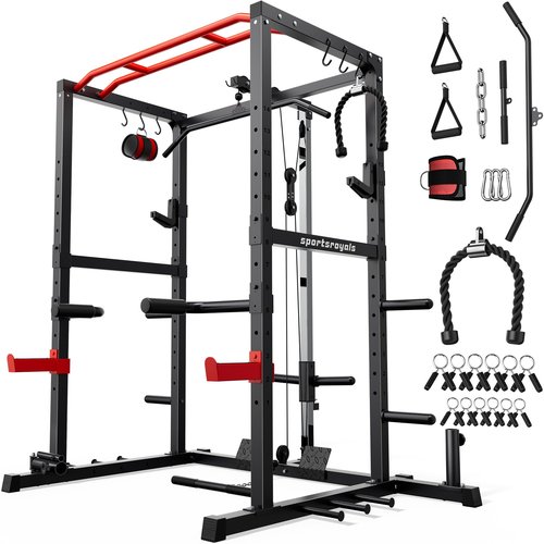 Sportsroyals Power Rack, Multi-Functional Power Cage with LAT Pulldown Pulley System, Squat Rack with More Training Attachments for Home Gym (RED)，1200 lbs Weight Capacity