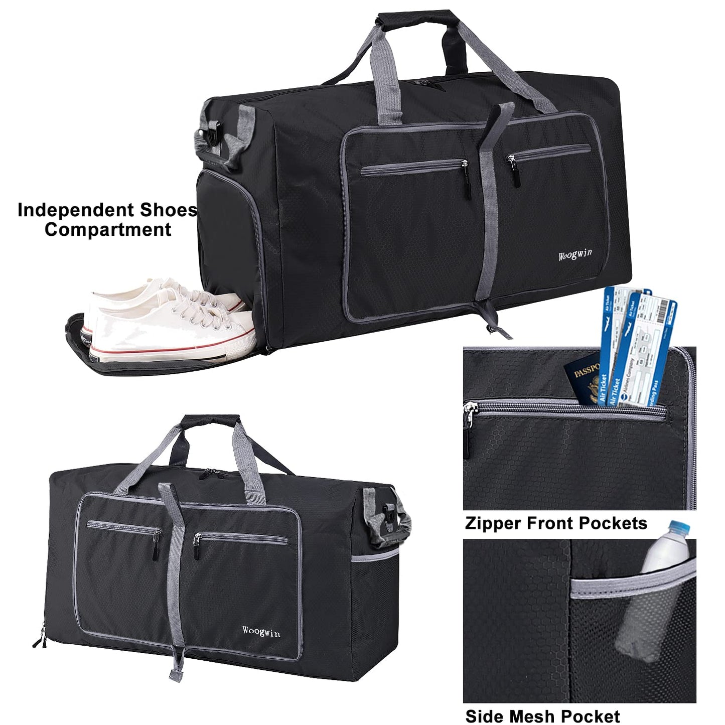 Woogwin Travel Duffel Bag Large Foldable Waterproof Overnight Bag for Beach Swim Bags Pool Sports Gym (100L Black)