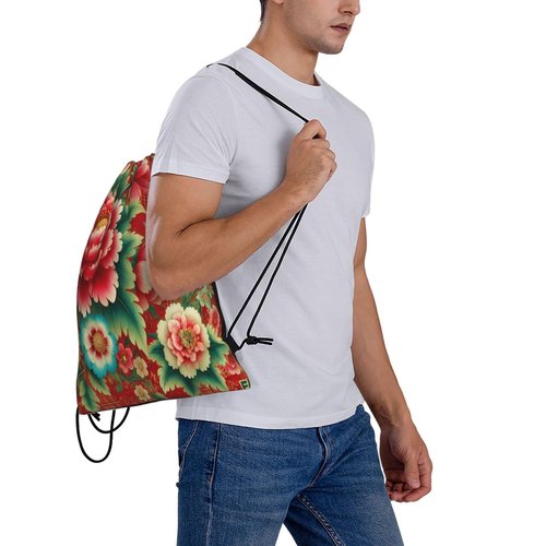 allgobee Drawstring Travel Backpack Chinese Flower Red Plaid Sports Gym Bag For Swimming,Beach