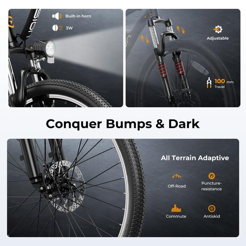 Jasion EB5 Electric Bike for Adults with Peak 500W Brushless Motor, 40Miles 20MPH Commuting Electric Mountain Bike with 360Wh Removable Battery, 7-Speed, 26" Tires and Front Fork Suspension