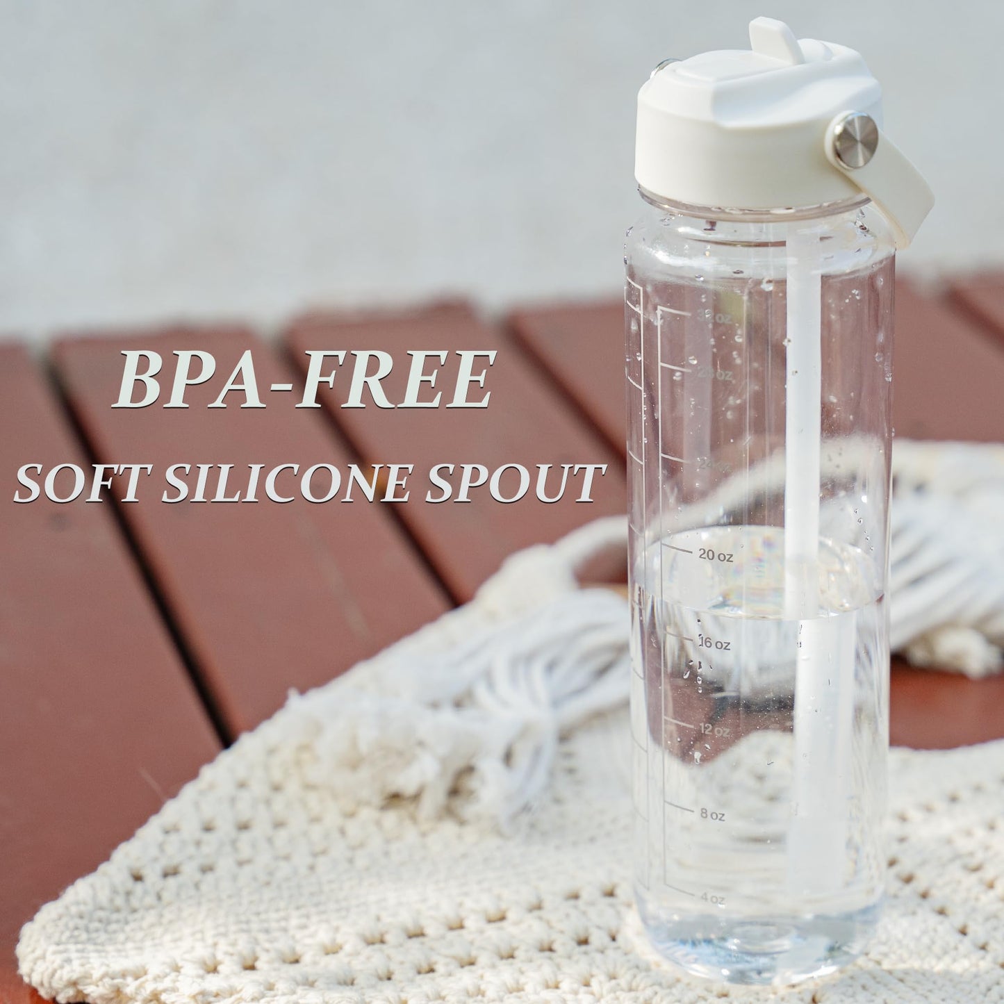GOPPUS 32oz Clear Water Bottle with Flip Straw, Lightweight, Leakproof, Easy Carry and BPA-Free, Tritan Water Bottlefor Sport, Travel, Outside (Clear White)