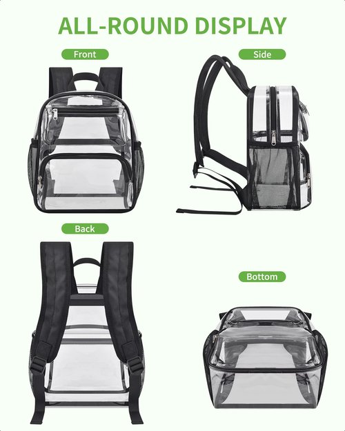 MAY TREE Clear Backpack Stadium Approved for Women and Men, Clear Bag for Stadium Events, Transparent bag for Concert Sporting Festival, Black