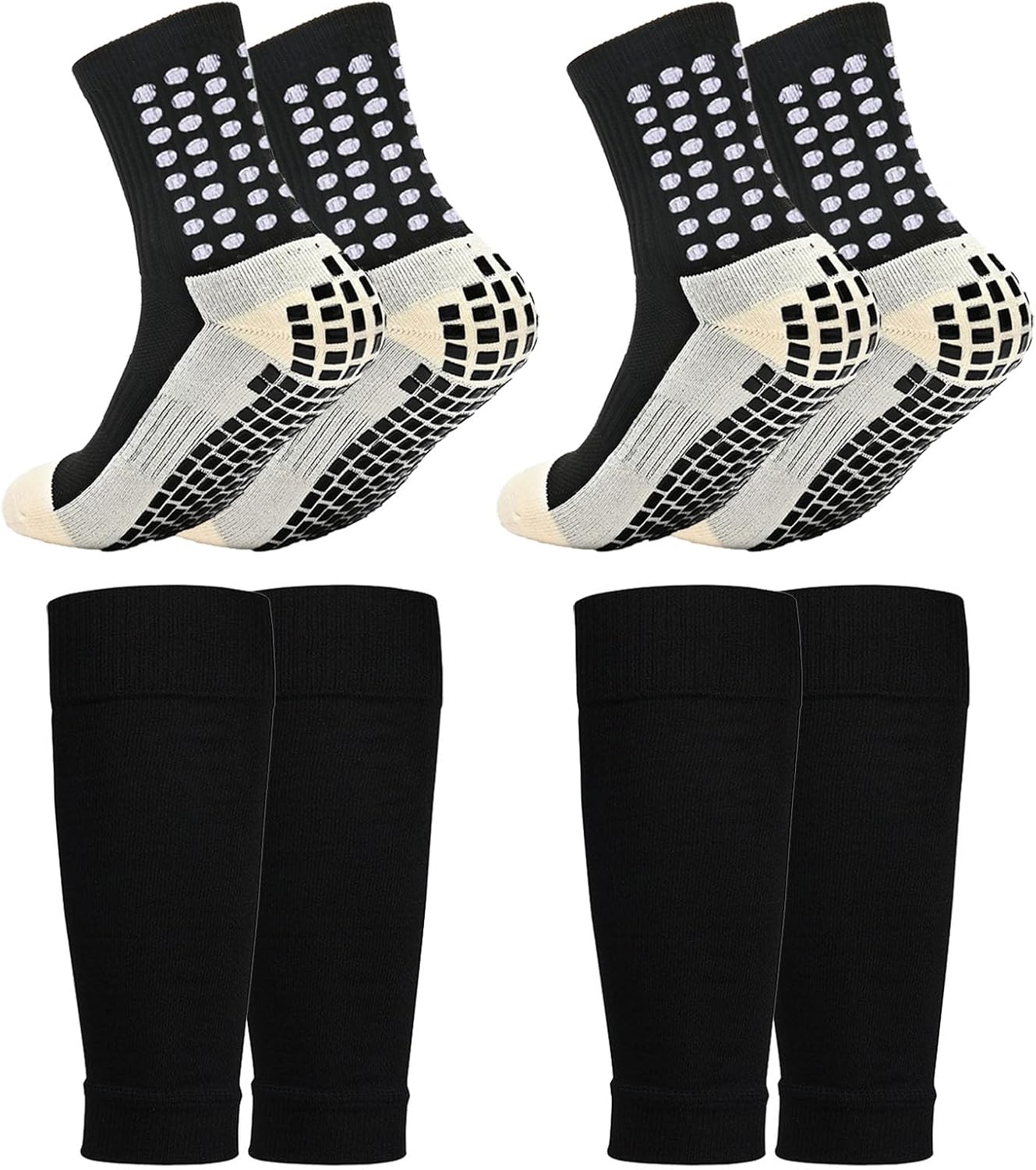 2/4 Sets Youth Grip Soccer Socks with Shin Guard Sleeves Kids Sleeve Socks for Boys Girls 7-14 for Soccer Basketball