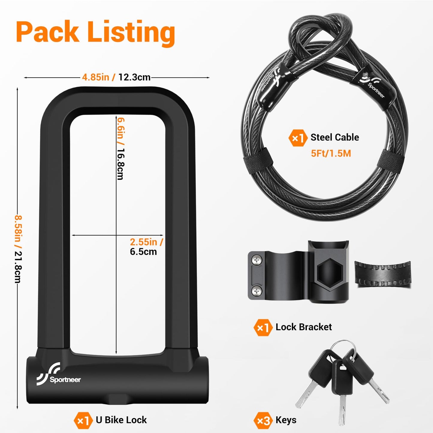 Sportneer Bicycle Lock: 18mm Heavy Duty Anti Theft Bike U Lock with 5ft Security Steel Cable - Shackle Bike Locks with 3 Keys & Mounting Bracket for Road Mountain Electric Bike, Size 8.58'' x 4.85''