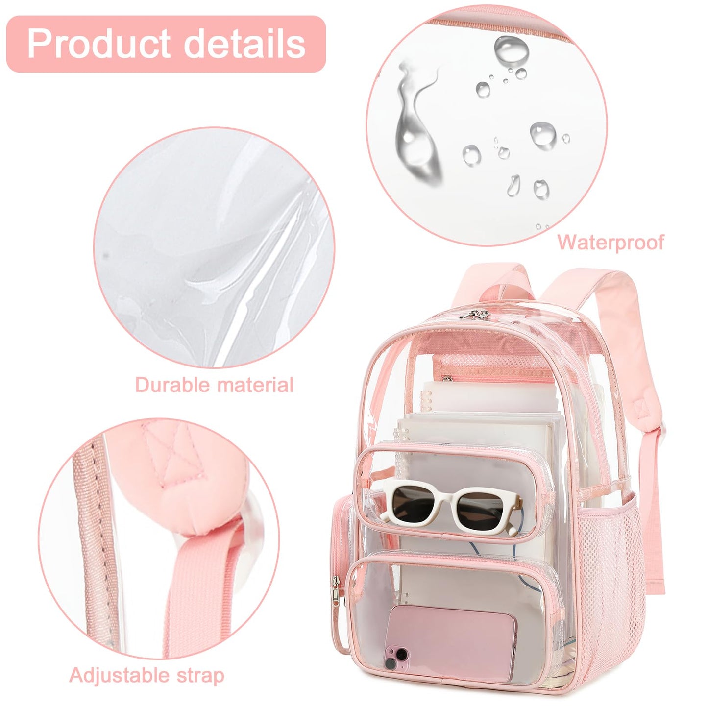 BTOOP Clear Backpack Heavy Duty Transparent Backpack 17" See Through Bookbag for College Work Festival Security Padded Strap (Pink)