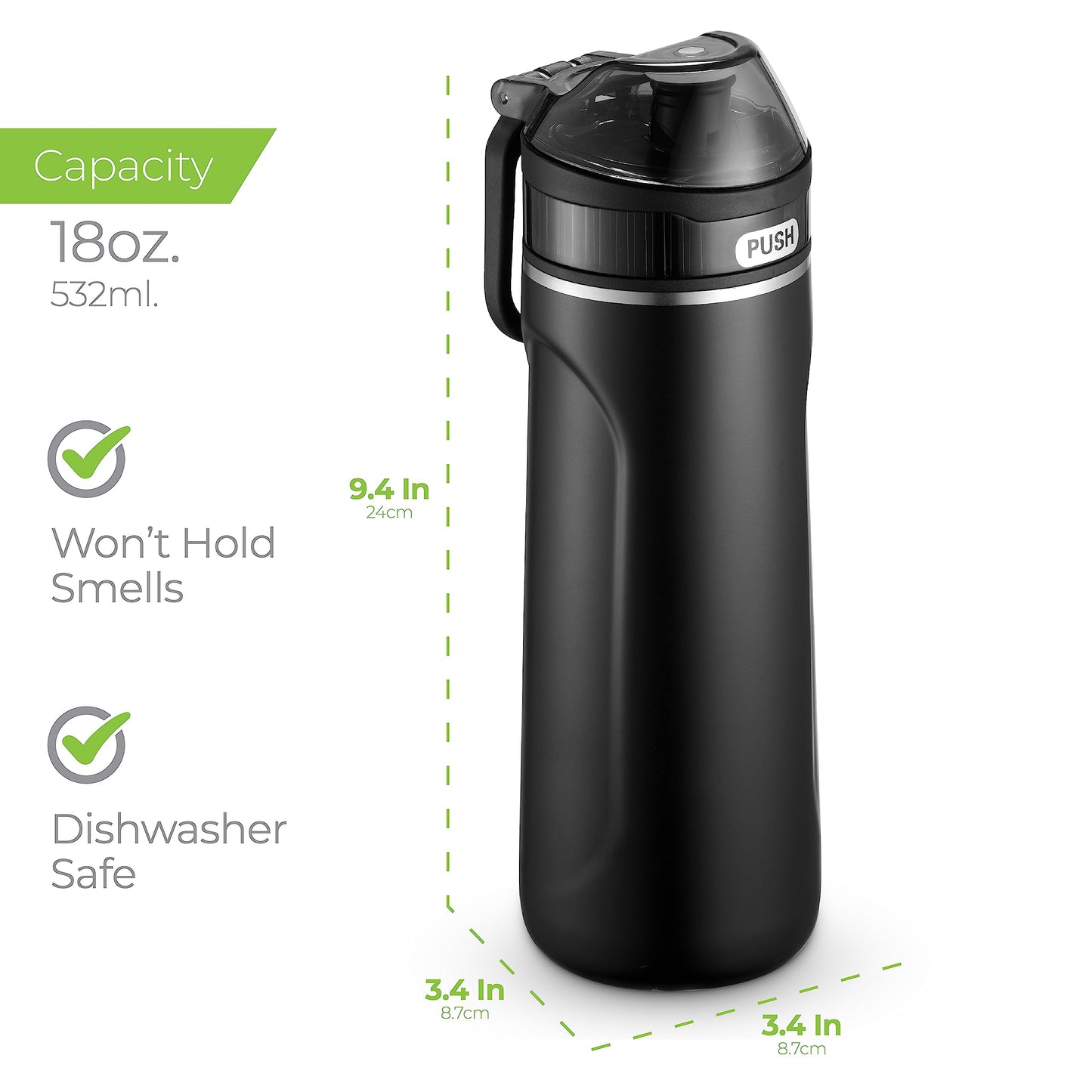 SipX™ 18 oz Premium Stainless Steel Water Bottle with Straw Lid – Triple Insulated Water Bottle, Leakproof, BPA-Free – Slim, Durable Bottle for School, Gym, Office – Black
