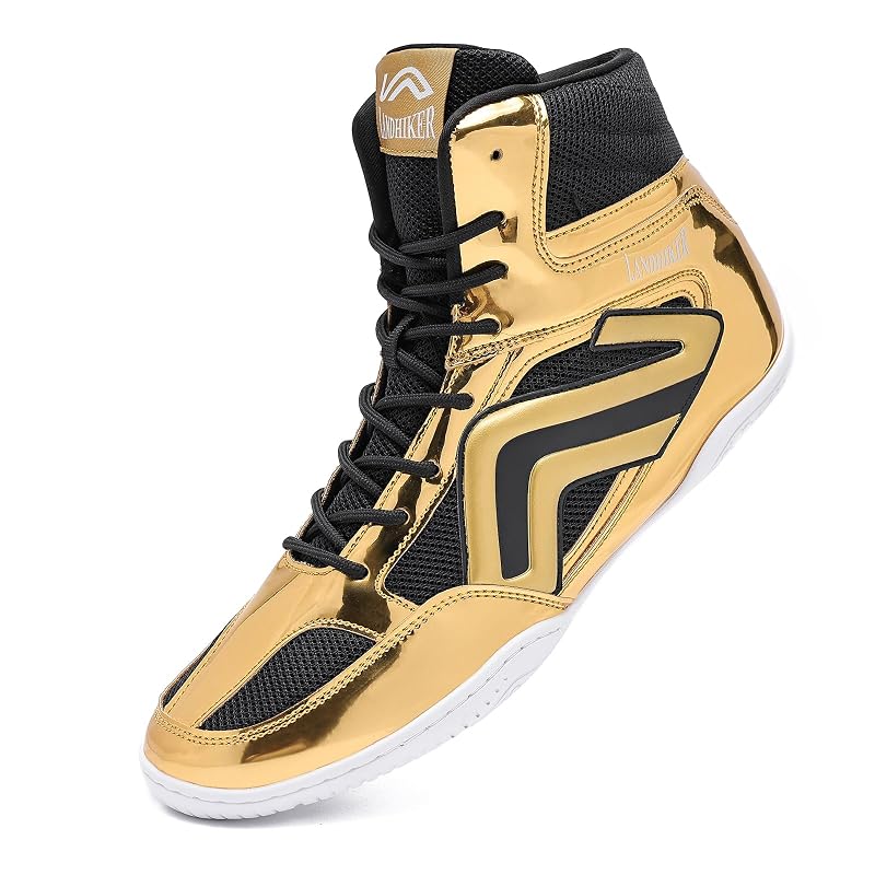 Wrestling/Boxing Shoes for Men - High Top Weightlifting Boots, Lightweight, Non-Slip - Gold 9.5
