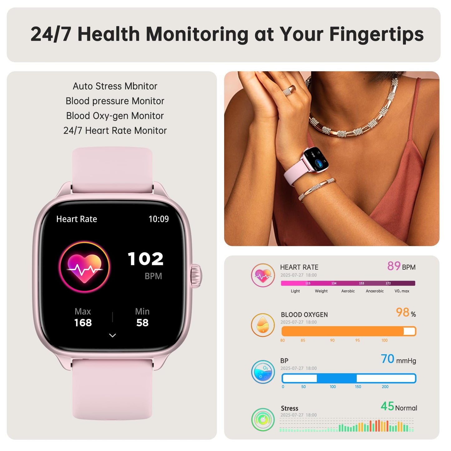 JYUAJOI Health Fitness Tracker (Answer/Make Calls), Smart Watch with 24/7 Heart Rate Monitor, Activity Tracker with Blood Pressure, Blood Oxygen, 120+ Sport Modes Sleep Tracker for Women Men (Black)