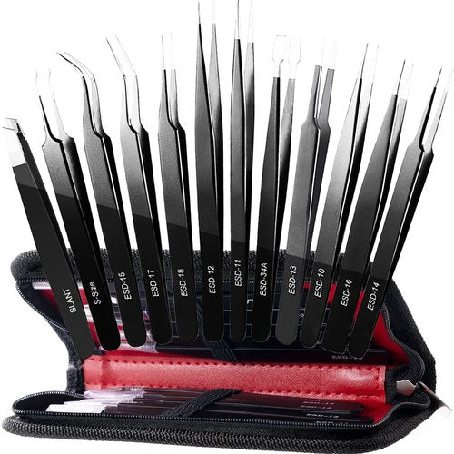 Antonki 12 Pack Precision Tweezers Set for Craft, Soldering, Jewelry, Facial Hair, Eyebrow, Ingrown Hair Removal, Eyelash Extension- with Case