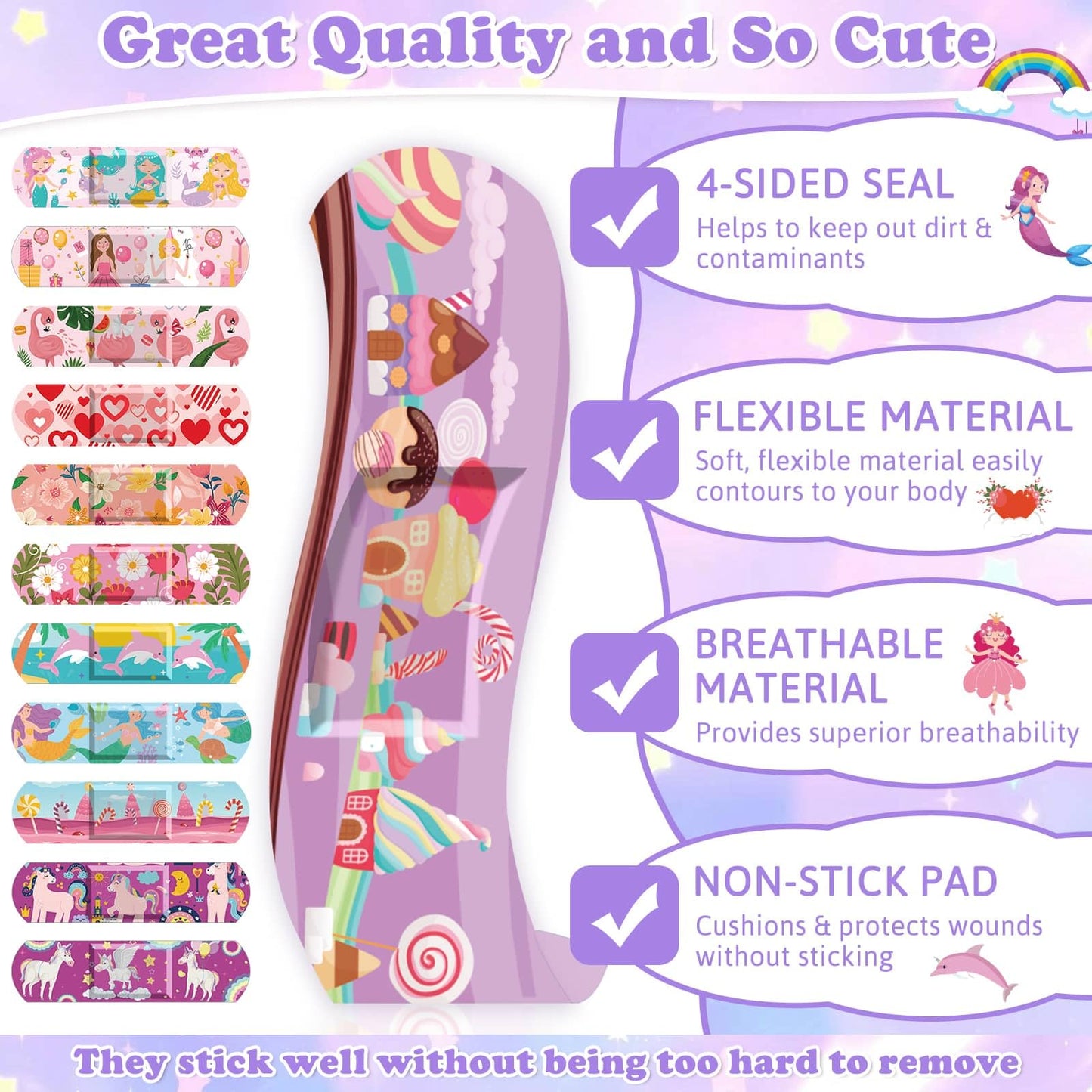 Flasoo 36 Styles Kids Cartoon Bandages 390 Pcs Girls Bandage Mermaid Bandage Pink Princess Bandages to Protect Scrapes and Cuts for Girls, Boys, Children, Toddlers