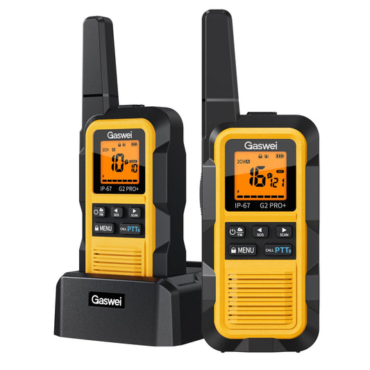 Gaswei G2pro+ IP67 Waterproof Floating Heavy Duty Walkie Talkies Long Range for Adults FRS Double PTT，FM radio,SOS,NOAA weather Rechargeable Two Way Radios 2 watts,VOX,Li-ion Battery (2 Pack - Yellow)