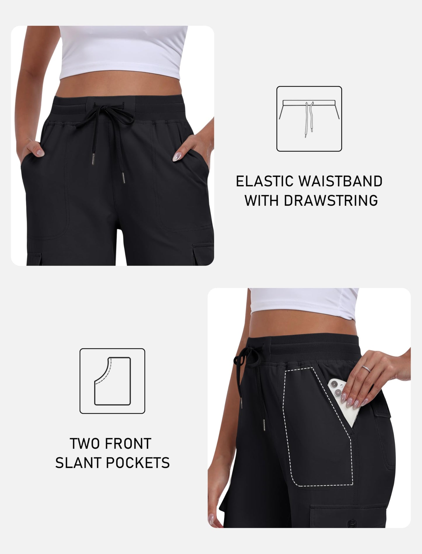 MoFiz Women's Cargo Capris Hiking Pants Lightweight Quick Dry Summer Outdoor Casual Travel Pants with Pockets Black XL