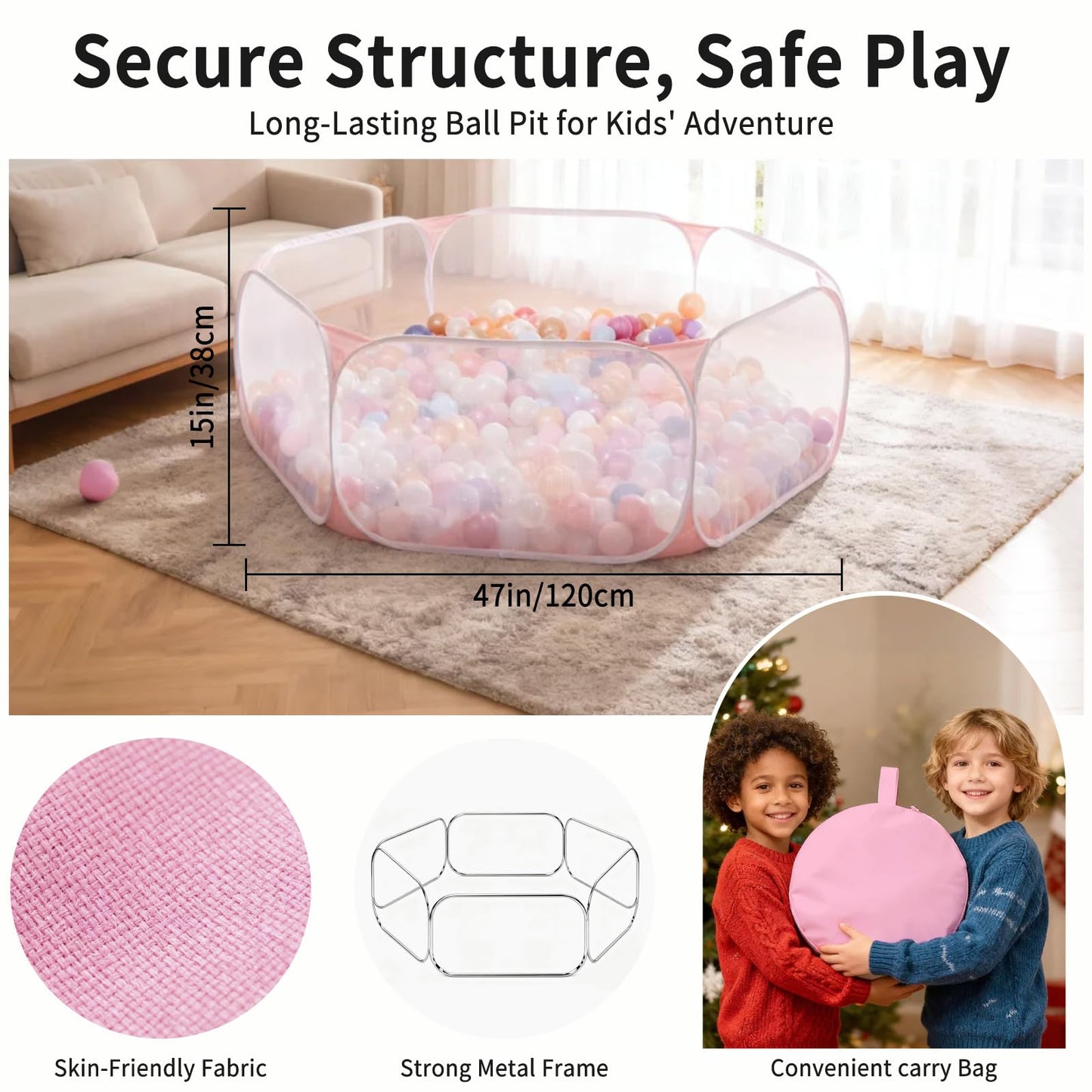 Kids Ball Pit Large Pop Up Children Ball Play Tent for Toddlers Girls Boys for Indoor Outdoor Baby Playpen with Carry Tote, Balls Not Included (Pink)…