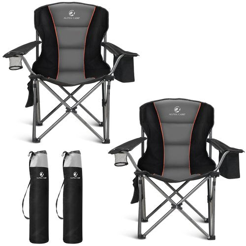 ALPHA CAMP Folding Camping Chair for Adults, Oversized Heavy Duty Lawn Chairs with Cooler Bag, Cup Holder & 600D Oxford Fabric, Folding Chairs for Outside Support 450 LBS,Outdoor Chair 2 Pack