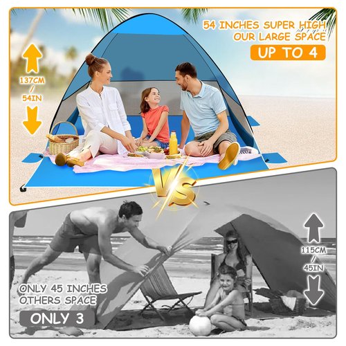 Beach Tent Sun Shelter, Outdoor Tent for 1-4 Persons, Beach Tent Easy Pop Up, with Carrying Bag and 6 Ground Pegs for Family Outdoor Adventures, Camping, Picnics (Blue)