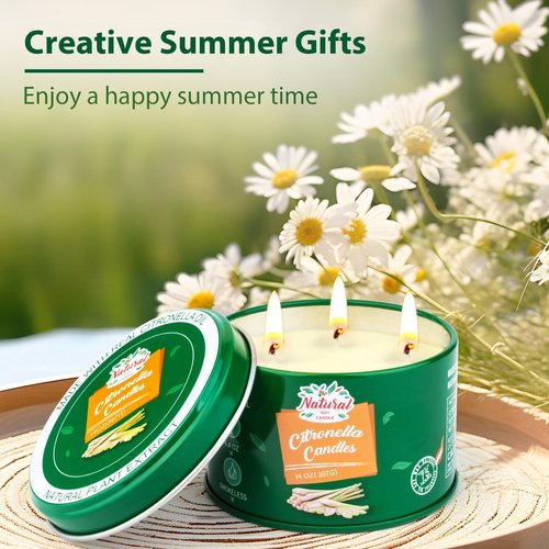 Citronella Candles Outdoor, Large 3-Wick Outdoor Candles for Patio Garden (14OZ Each), Nature Soy Wax Lemomgrass Outside Candle, Long Lasting Decorative Summer Candle for Camping, Backyard
