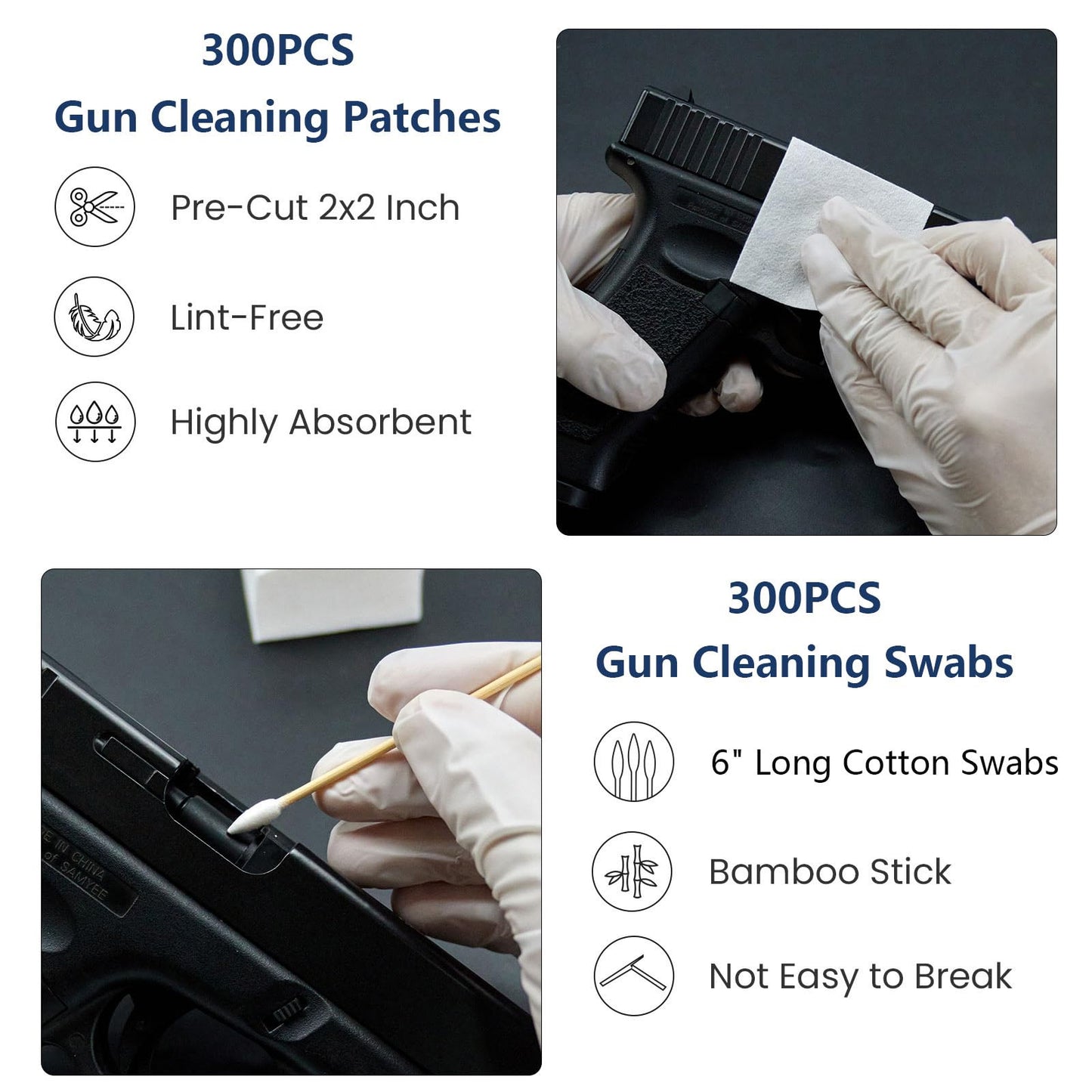 Gun Cleaning Supplies in Box - Pistol Swabs & 9mm Cleaning Patches Combo Pack, Includes 6" Long Swabs and 2" Lint-Free Patches, Universal Kit Supplies for Most Firearms