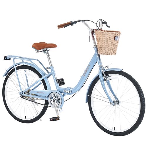 BALINGE 24 Inch Folding Girls Cruiser Bike，1-Speed Foldable Hybrid City Bicycle with Dual Brakes,Wicker Basket & Rear Rack，Adjustable Seat Post&Handlebar，Blue