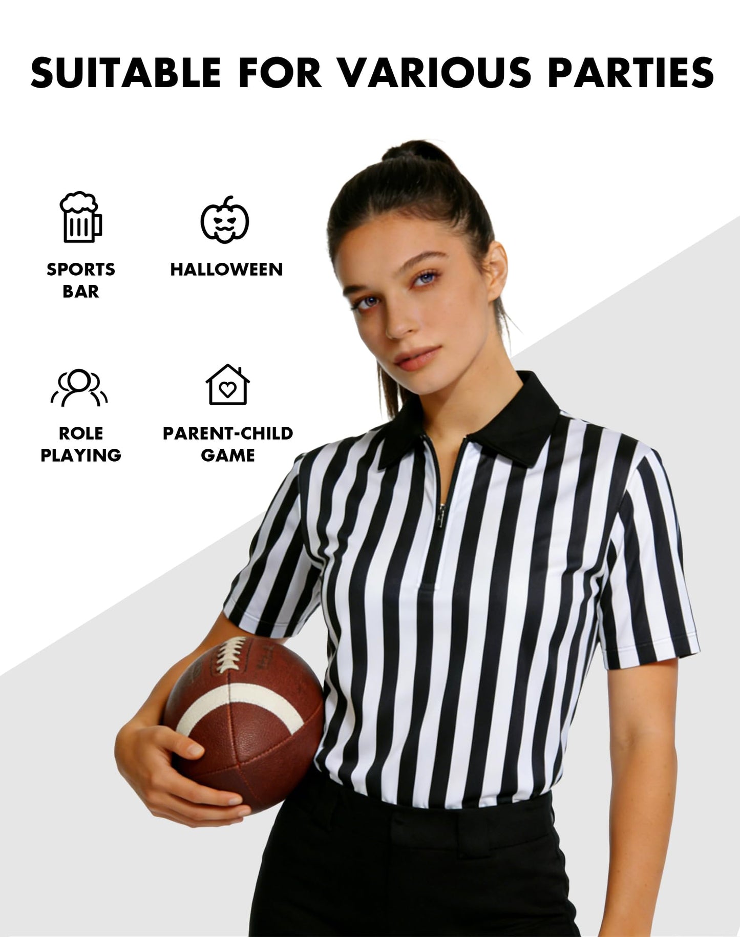 WILLBEFIT Women's Referee Shirt Official Football Basketball Zipper Ref Jersey for Halloween Costume Umpire Waitress Uniform XXL