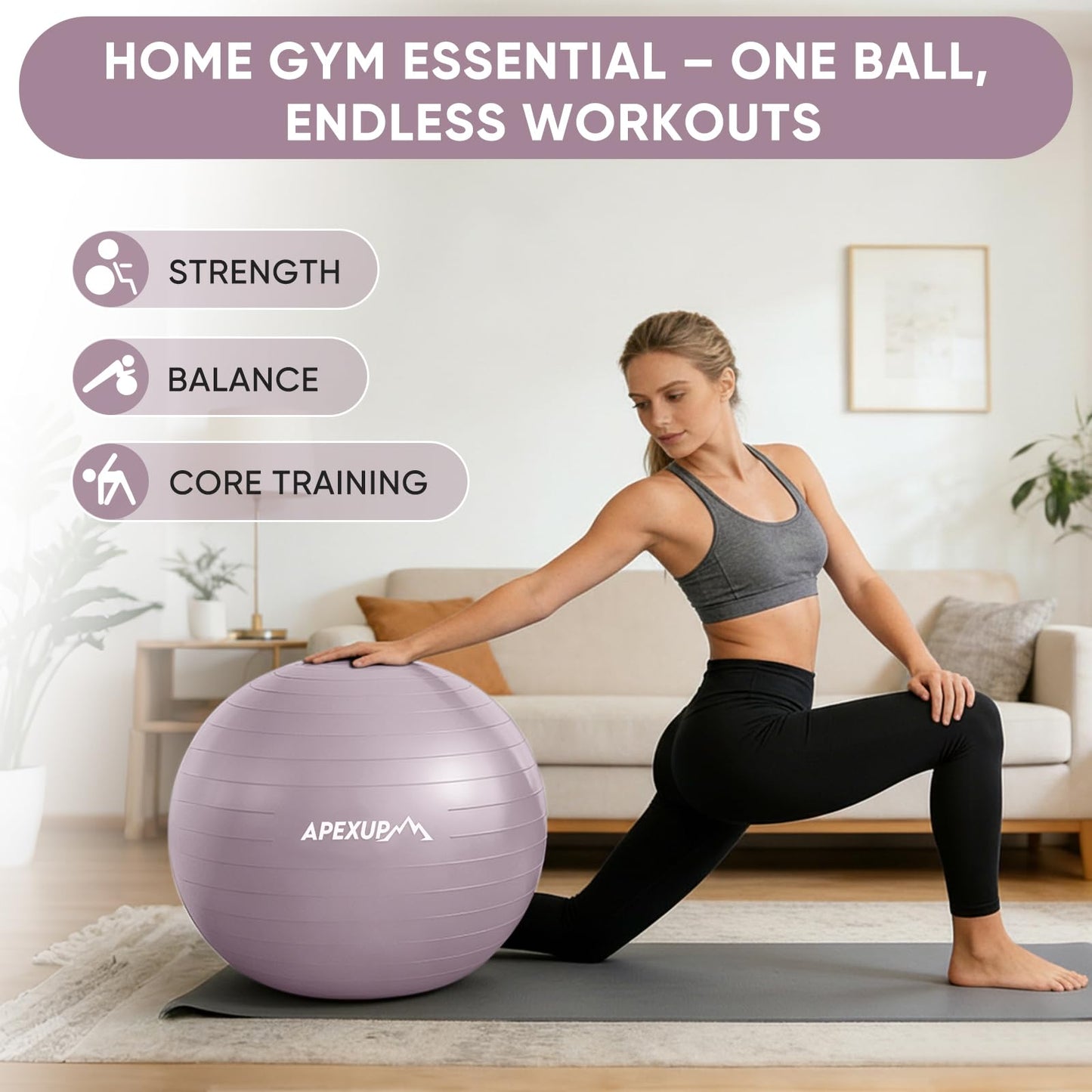 APEXUP Yoga Ball, 660 lbs Anti-Burst Exercise Ball with Pump, 5 Sizes (XL (27"~30") 75cm, Mauve)