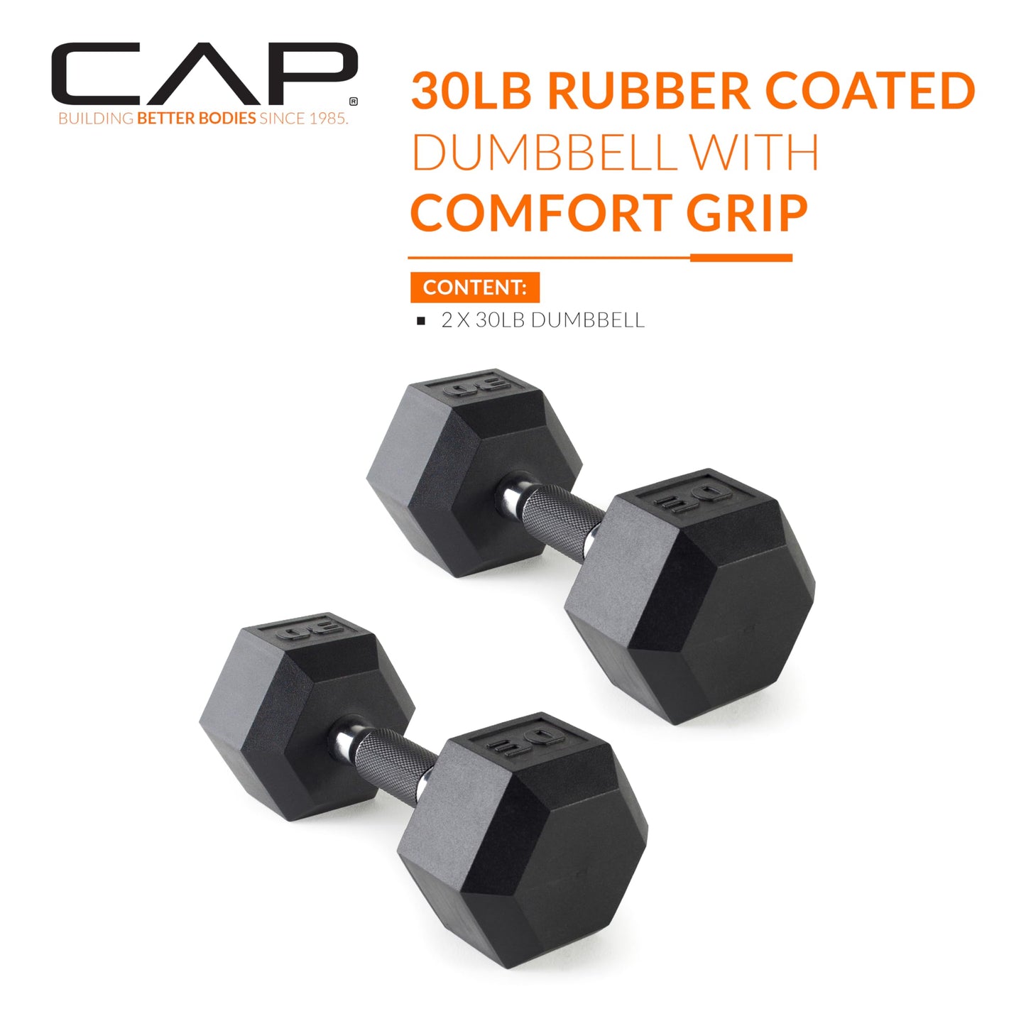 CAP 30lb Rubber Coated Hex Dumbbell, Comfort Grip, Free Weights, Pair
