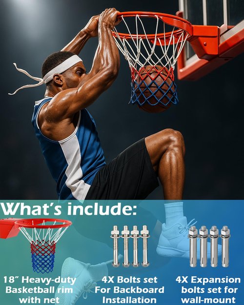 Basketball Rim, Heavy Duty Breakaway Basketball Rims Replacement - 18 Inch W/Net Standard Goal,Professional Enhanced Spring,Fit Most Size Backboard Rims Reinforced Mounting Hoop