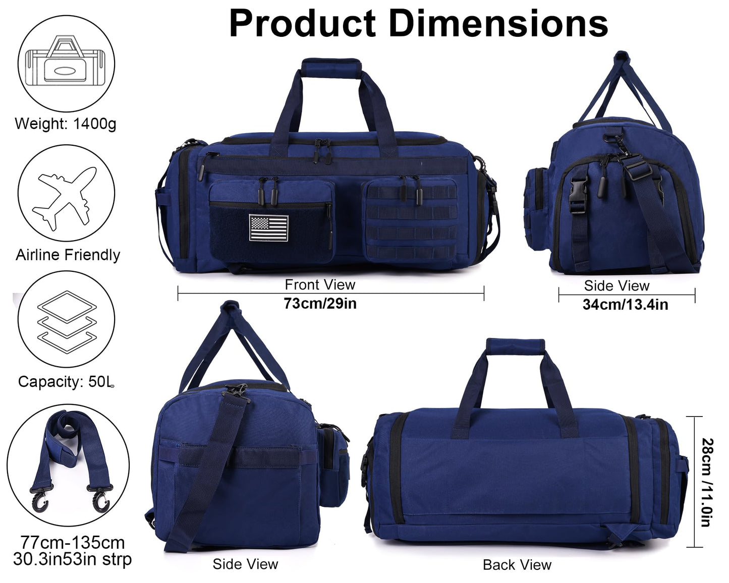 LHI 50L Tactical Duffle Bag for Men, 3-in-1 Gym Duffle and Backpack, Shoe Compartment, Laptop Sleeve and MOLLE, Carry-On Travel Weekender and Overnight Bag – Blue