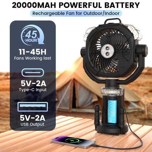 Camping Fan Rechargeable 330ml Portable Misting Fan 20000mah Battery Powered With Led Light Height Adjustable Remote Hook Oscillating Floor Outdoor Fans For Camping Patios, 2 Spray Mister, Black