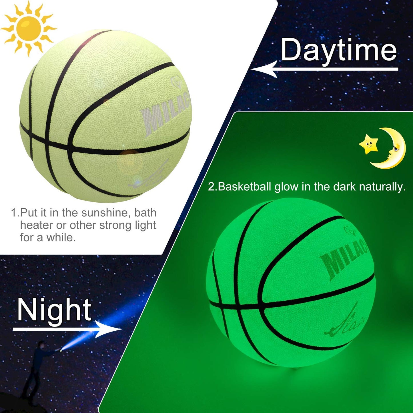 MILACHIC Basketball Glow in the Dark, Luminous Glowing Leather Basketballs 29.5" with Pump, Green Light up Basketball for Men Indoor-Outdoor Night Game & Training - Official Size 7