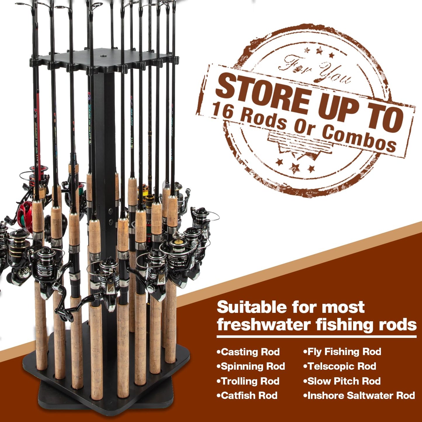 Ghosthorn Fishing Rod Holders for Garage 360 Degree Rotating Fishing Pole Rack, Floor Stand Holds up to 16 Rods Wood Fishing Gear Equipment Storage Organizer, Fishing Gifts for Men Women