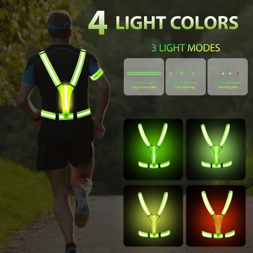Pomerol LED Reflective Vest Running Gear High Visibility Reflective Running Gear Rechargeable Light Up Running Vest for Walking Running Cycling, Adjustable for Men Women （ 4Lights Colors +LED Wrist）