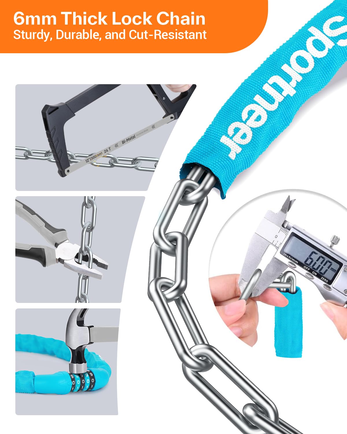 Sportneer Bike Lock - 5 Digit Combination High Security Anti Theft Bike Chain Lock - 3.2ft Heavy Duty Resettable Keyless Bicycle Lock for Bike, Motorcycle, Scooter, Door & Gate - 6mm Thick