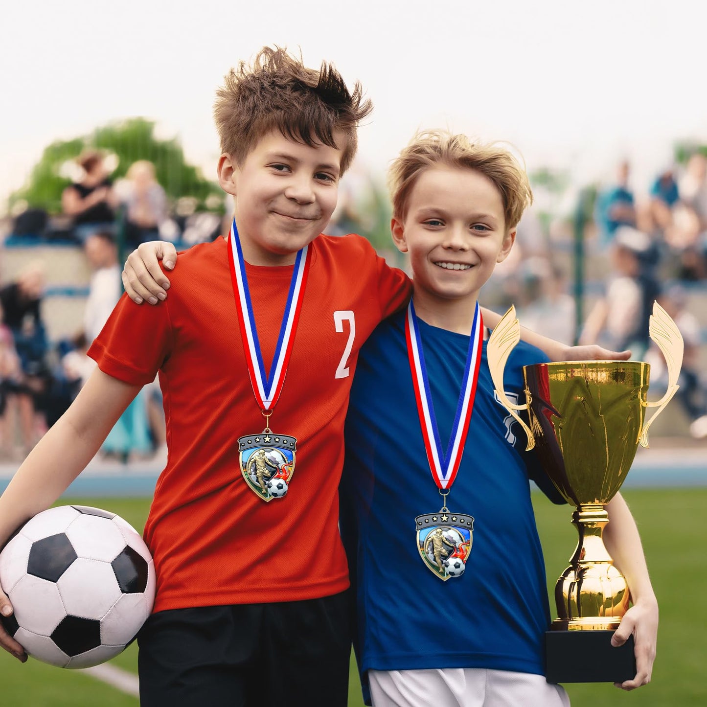 Remuuly 20 Pcs Award Medals Bulk Soccer Football Basketball Tennis Cheer Metal Winner Award Medals 3.35'' Shield Shape with Neck Ribbons Sport Team Participation Prize Gift (Soccer)