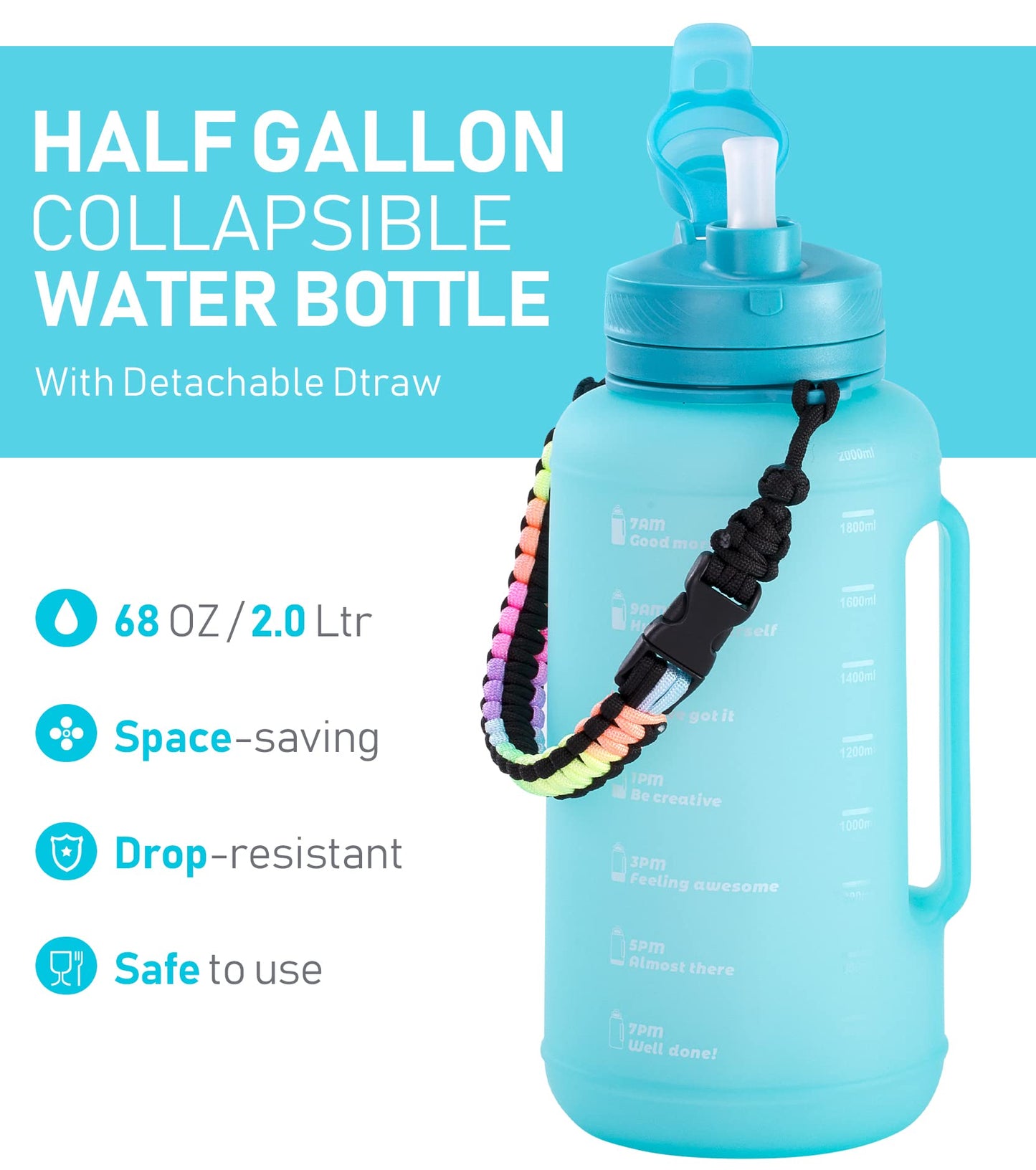 TakeToday 68 oz Collapsible Water Bottles With Straw, Half Gallon Water Bottle With Motivational Time Marker, Large Reusable Silicone Water Jug With Paracord Handle For Sports, Outdoors (Blue)